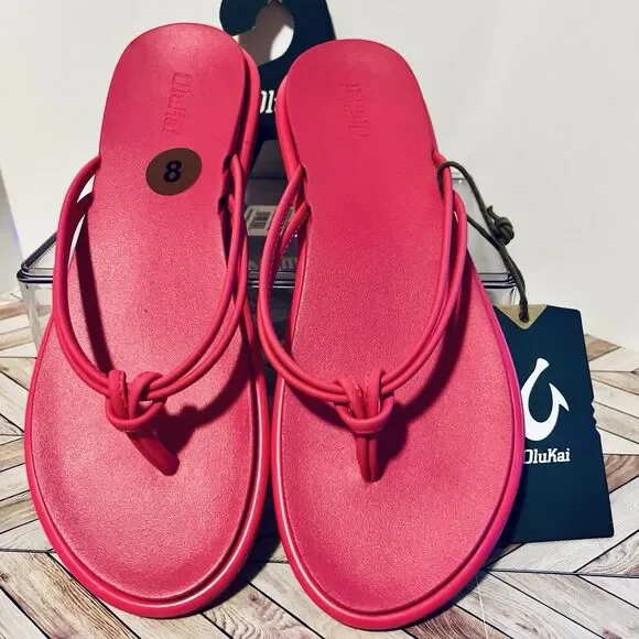 OluKai Aka Flip Flop Sandals Pink Plumeria Women’s 8 Beach Comfort Strappy Pool - Picture 3 of 7